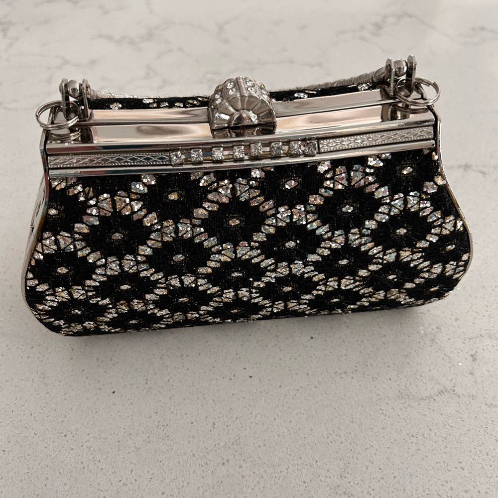 Vintage Black and Silver Clutch with Ornate Closure